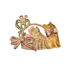 Vintage Brooch Kittens Cat Basket‎ Floral Rhinestone Signed KC